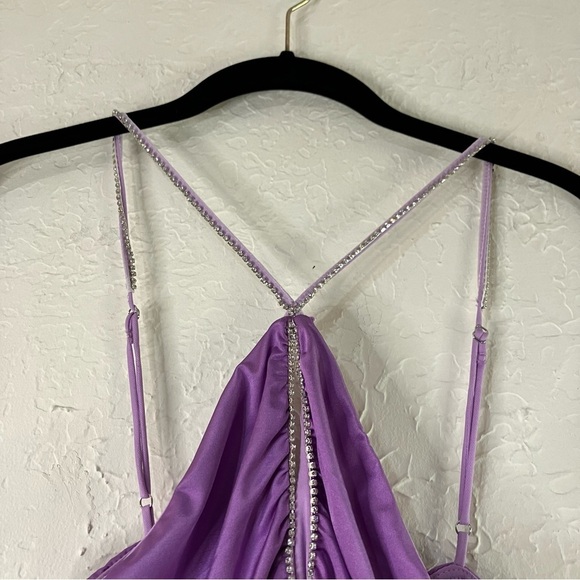 Lucy In The Sky Rhinestone Detail Halter Cut Out Bodycon Dress in Purple - Picture 5 of 12